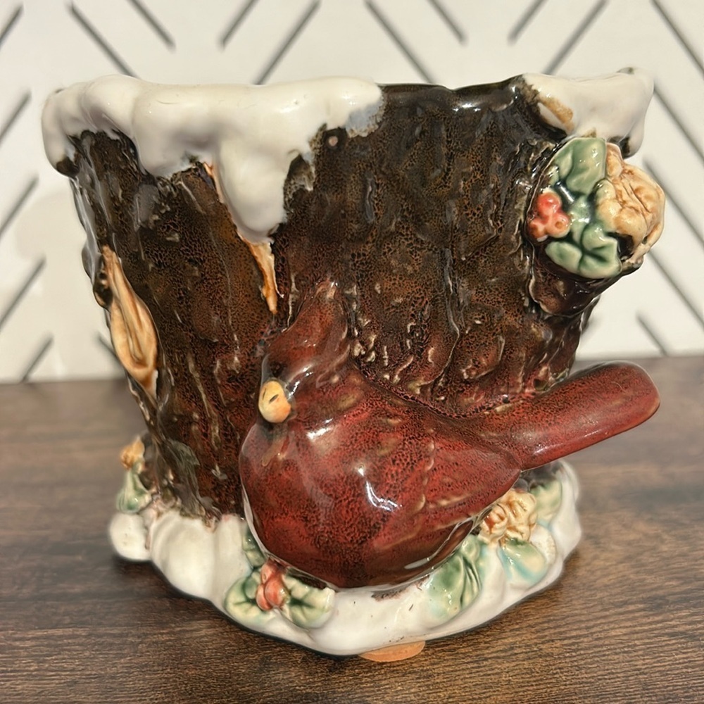 Vintage Tii Collections Winter Red Bird Cardinal Planter Pot Christmas Decor